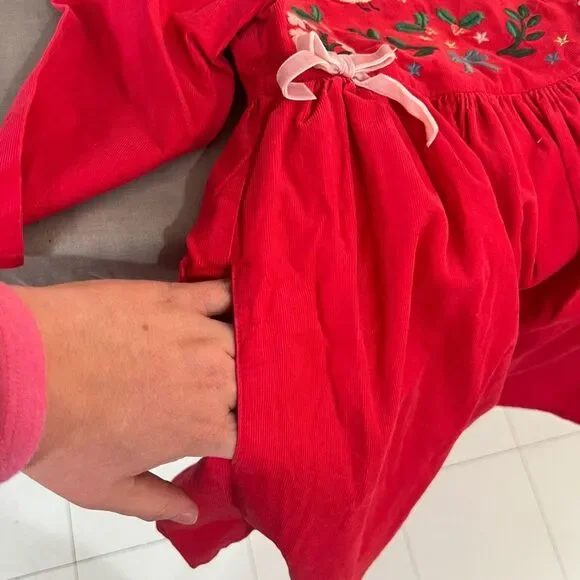 Boden NWT Pop Peony Festive Holiday Embroidered Long Sleeve Corduroy Dress 7-8Y - Picture 6 of 8